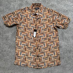 Bassiri Uomo Mens Button Up Shirt Medium Tan Abstract Pattern Short Sleeve NWT